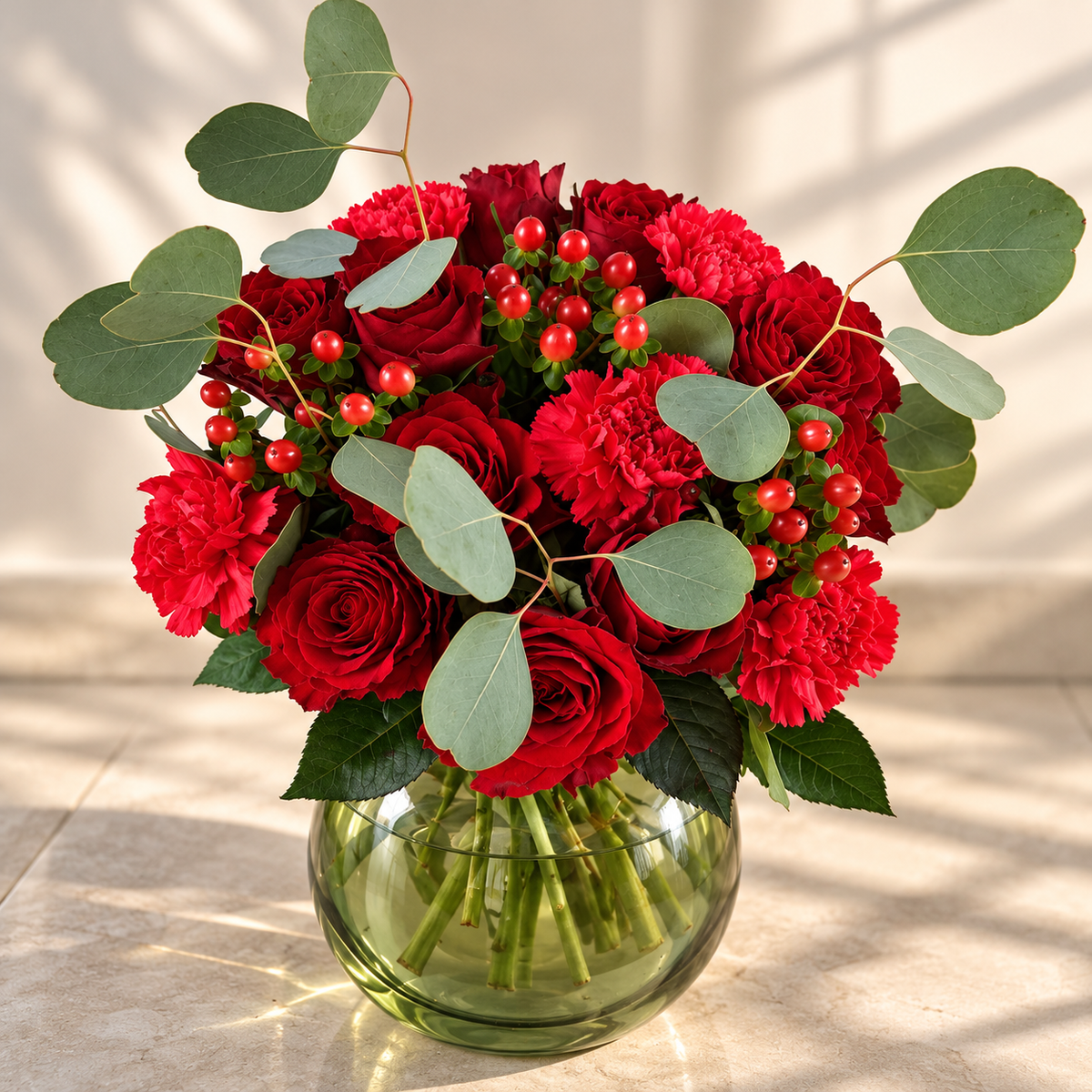 Bouquet Magique, roses rouges et eucalyptus dans un vase vert