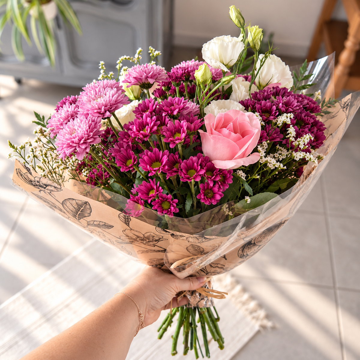 Bouquet Magique, bouquet rose et violet emballé dans du papier floral